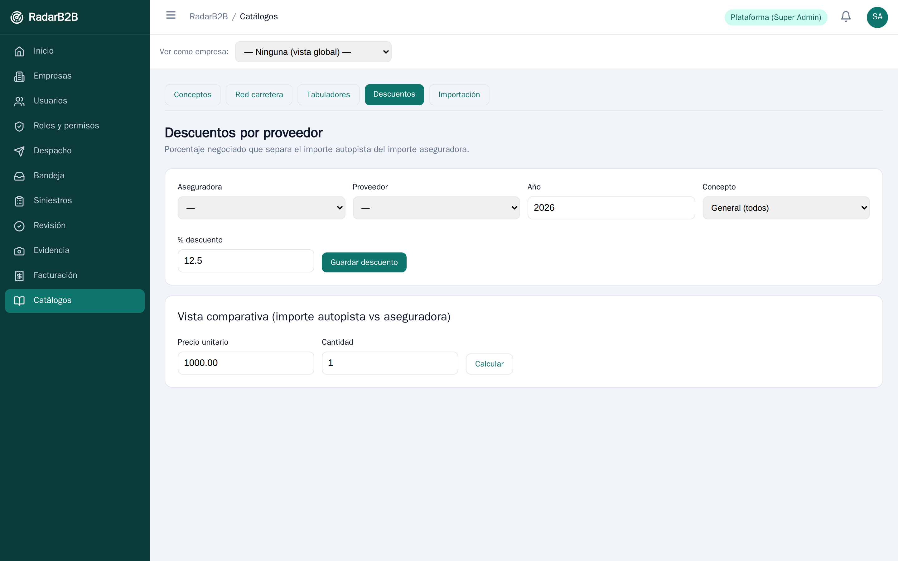 Administración de descuentos con vista comparativa de importes
