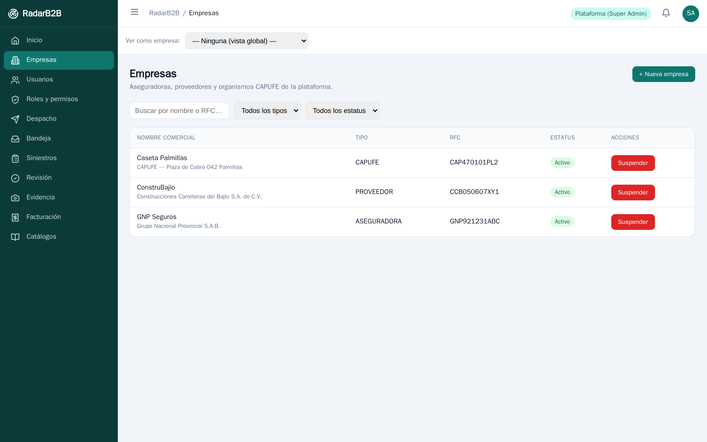 Lista de empresas con filtros por tipo y estatus