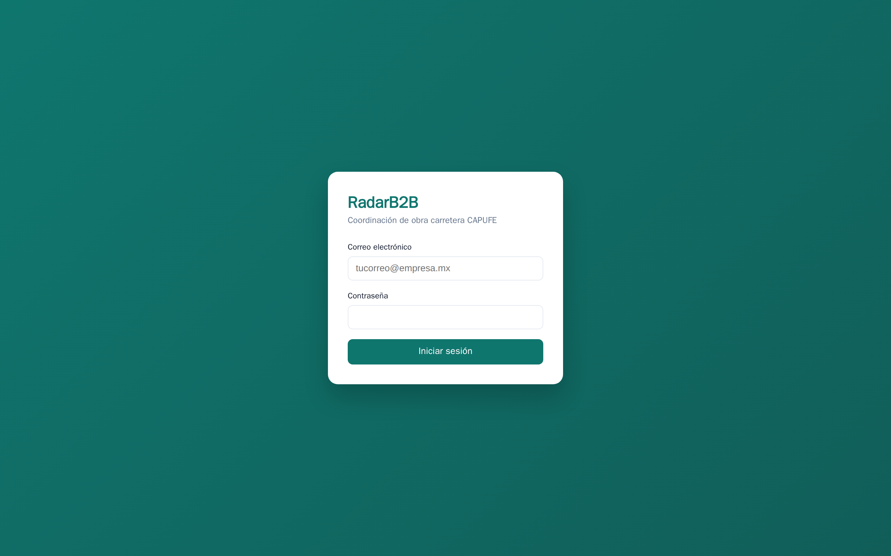 Pantalla de inicio de sesión de RadarB2B