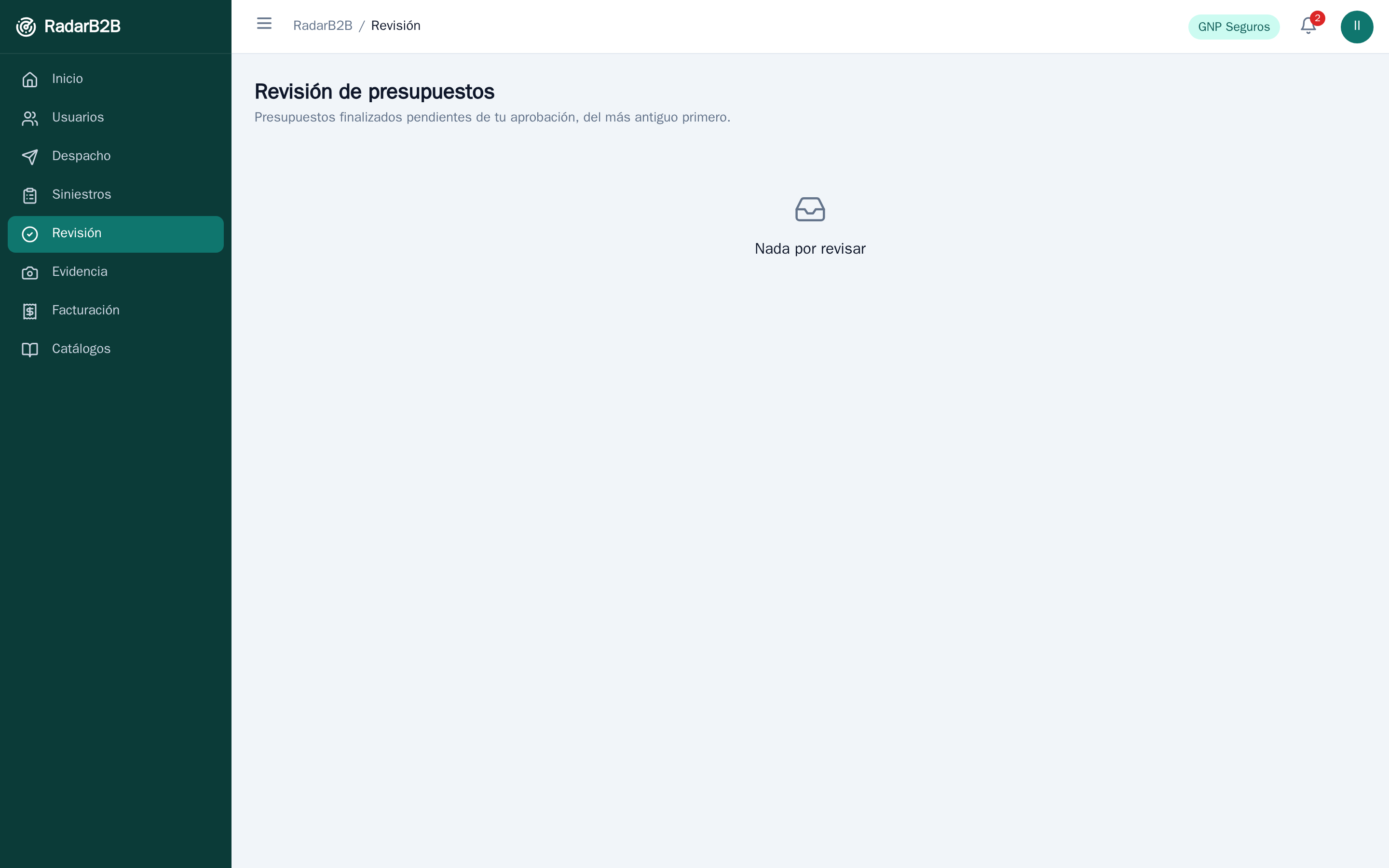 Pantalla de revisión de presupuestos de la aseguradora